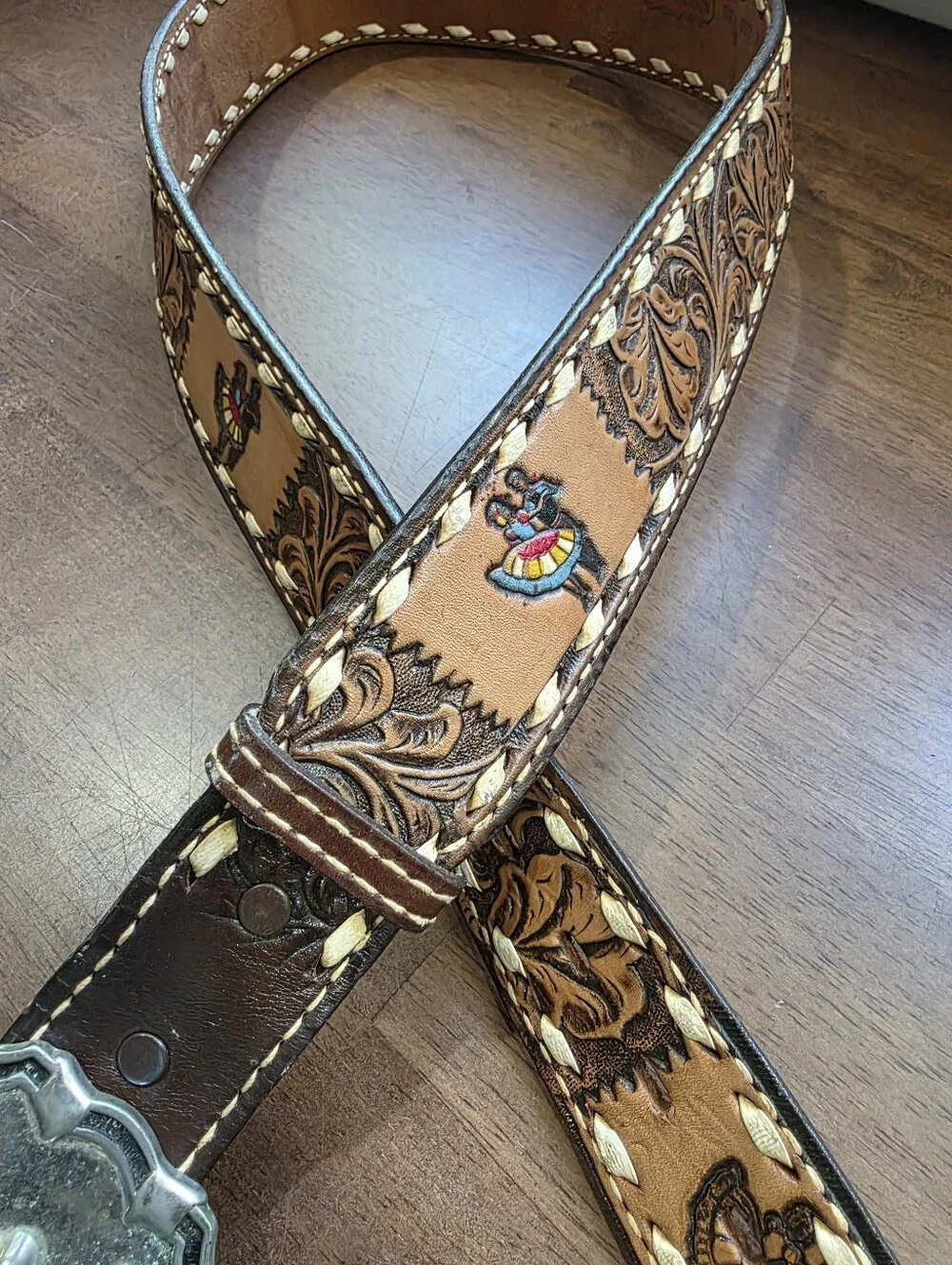 Vintage Nocona Hand Tooled Leather Western Belt Size 38 Buckstitch Agate Buckle